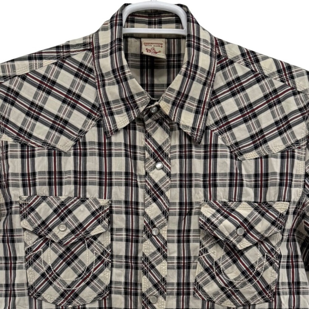 True Religion Mens XXXL Plaid Western Short Sleeve Pearl Snap Shirt White Red
